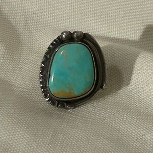 Vintage HECHO EN MEXICO Blue Brown Turquoise Sterling Silver Ring 5.75
